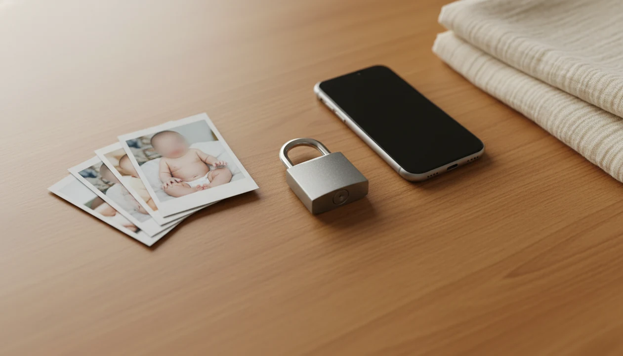 A padlock, blank phone, and privacy-safe baby photo prints arranged on a warm wooden table.