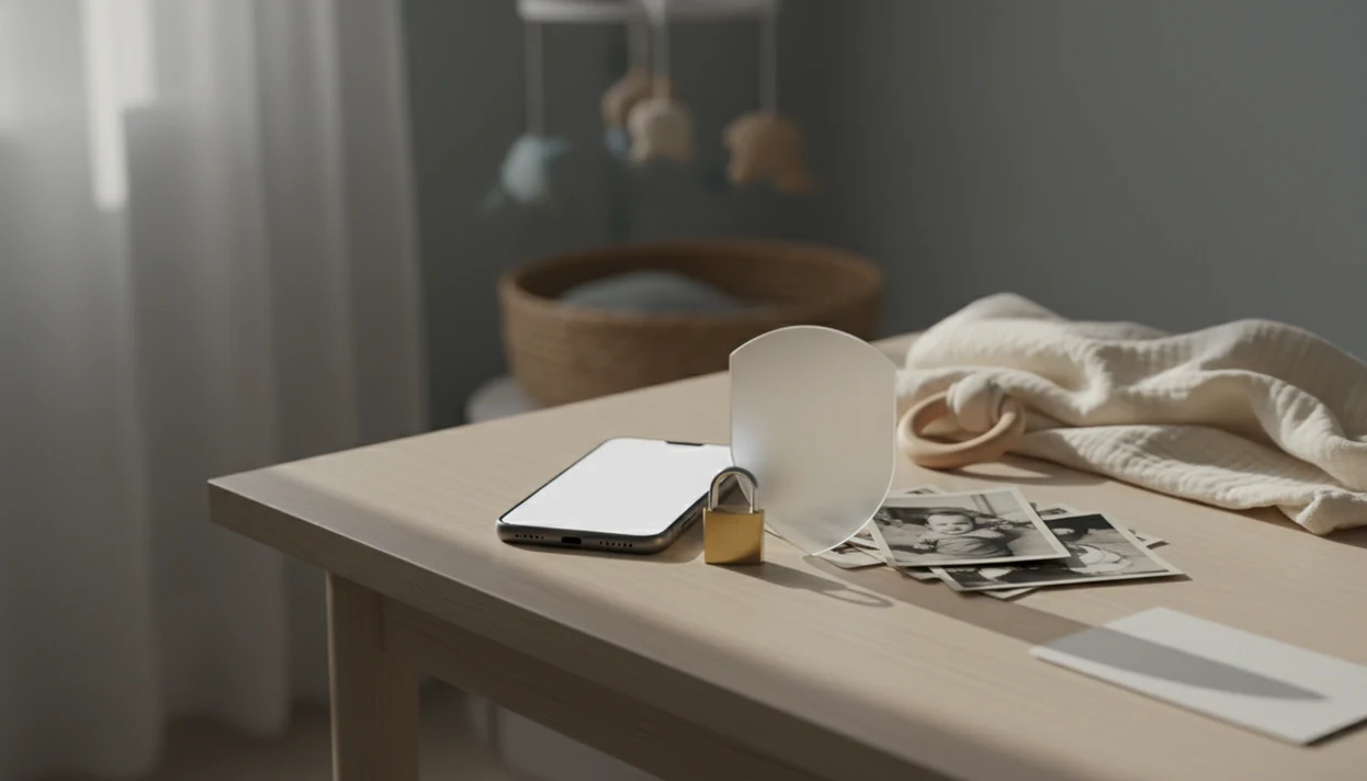 A phone, covered baby photos, and a small lock arranged as a symbol of AI photo privacy.