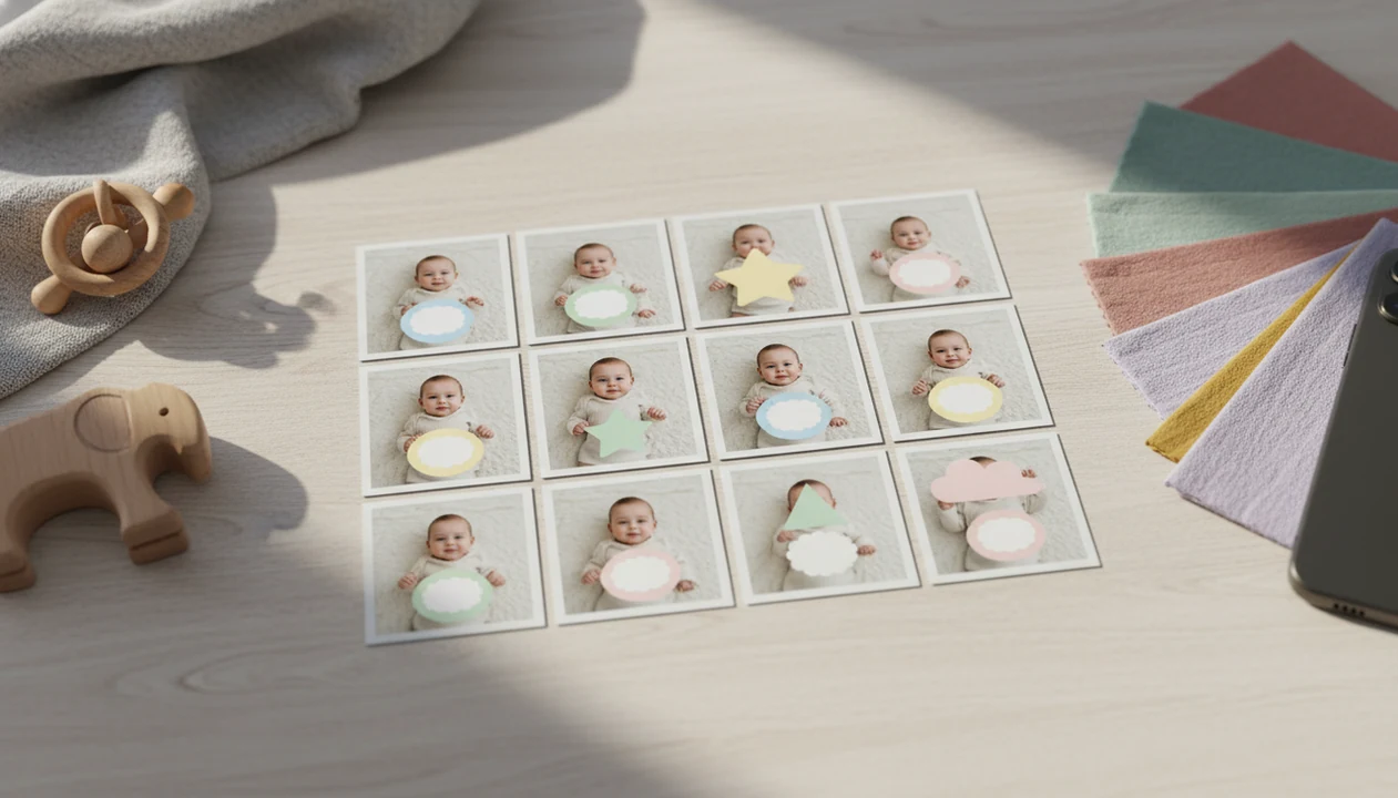 A neat grid of twelve coordinated baby milestone photo prints on a softly lit nursery desk.