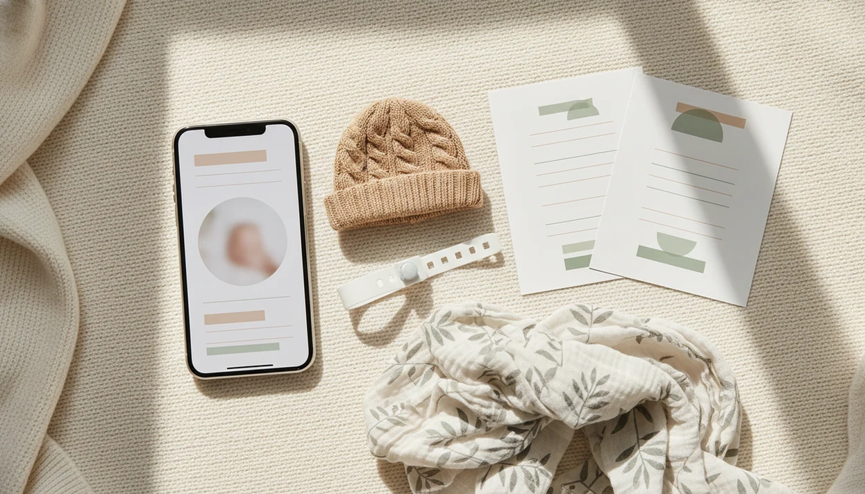 A phone on a newborn blanket shows a birth announcement design beside baby keepsakes and printed cards.