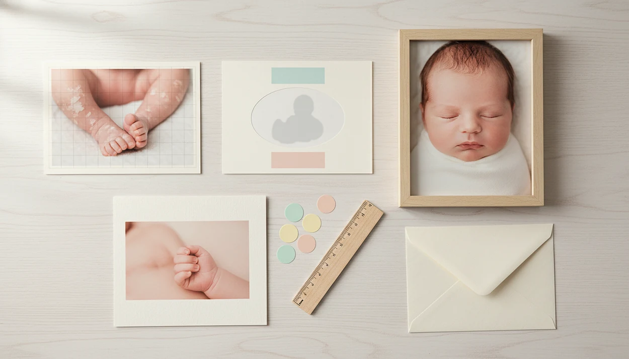 A flat lay of baby photo prints, cards, stickers, and a frame prepared for keepsake printing.