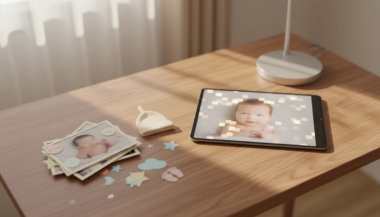 Printed newborn keepsake photos sit beside a tablet with a blurred synthetic baby image.