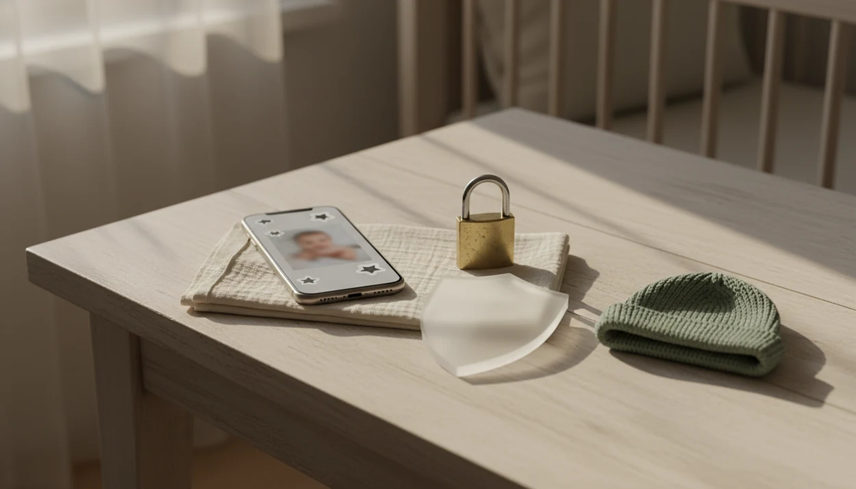 A phone with a blurred baby photo sits beside a padlock, shield, muslin cloth, and baby hat.