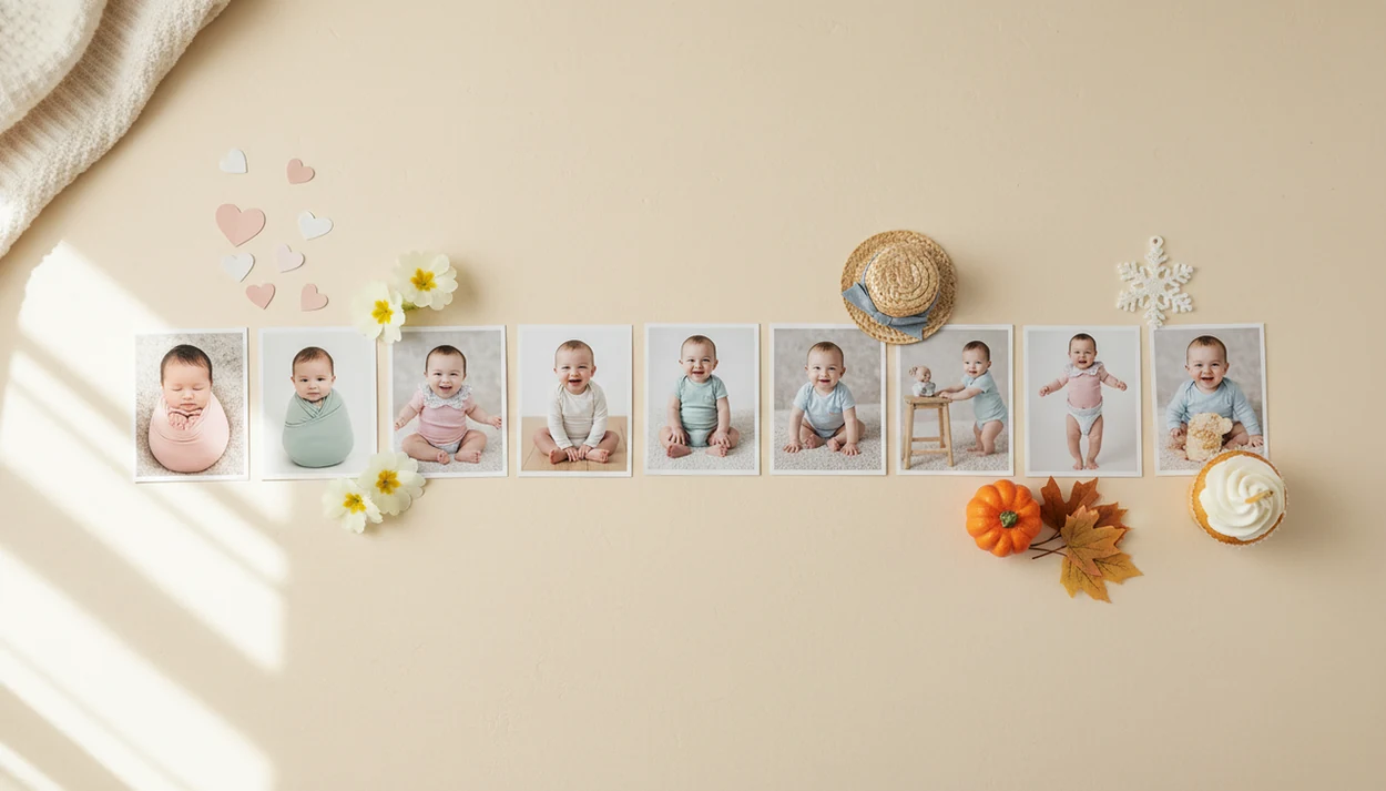 A flat lay of twelve baby photo prints arranged with seasonal props for a first-year timeline.