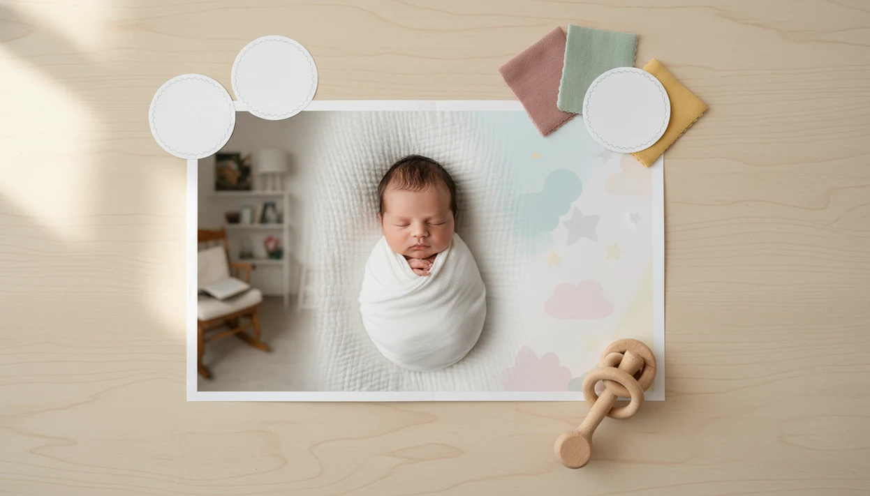 A printed newborn photo shows a cluttered background changing into a soft nursery-style backdrop.