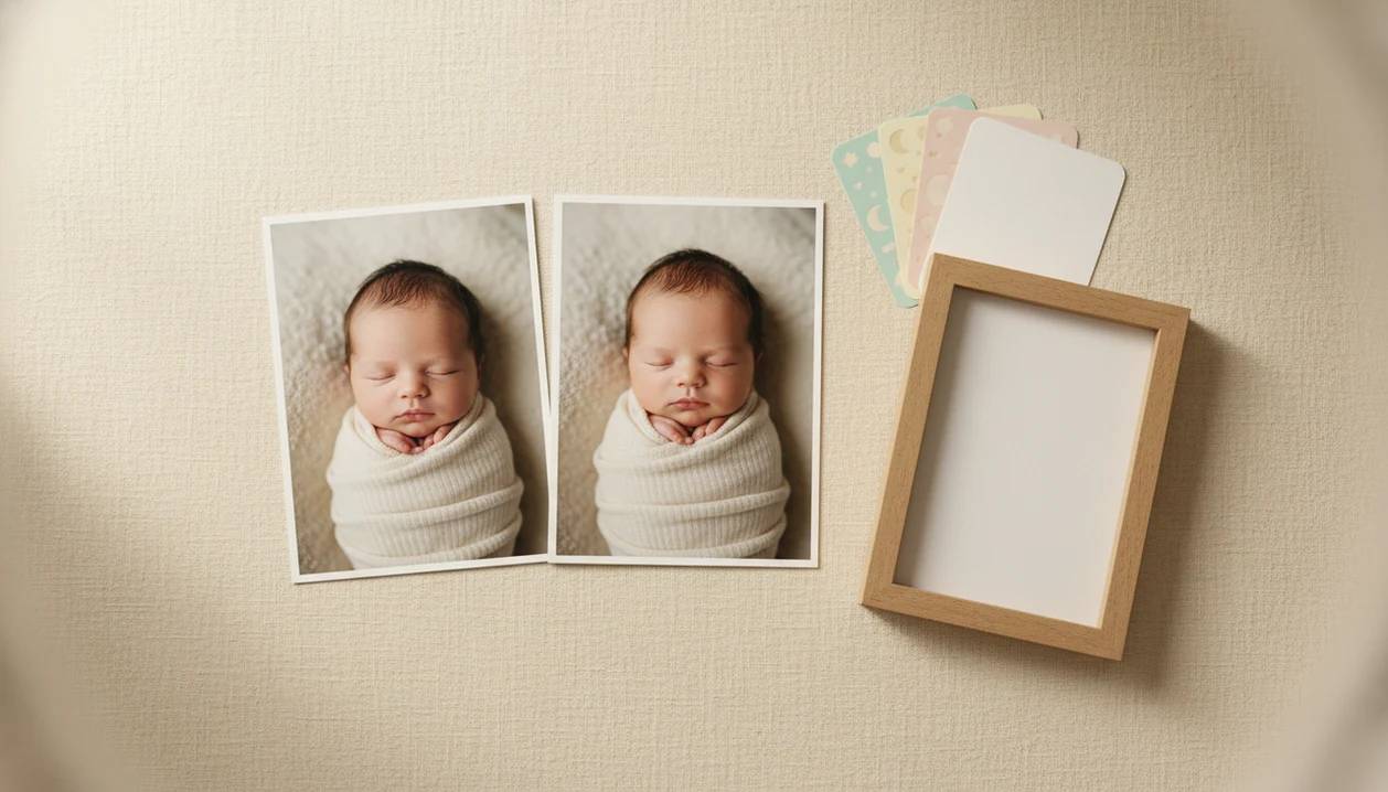 Side-by-side newborn photo prints show a natural edit that keeps the baby recognizable.