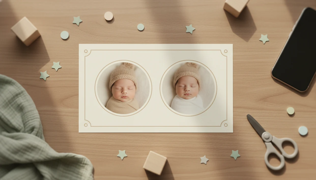 A twin baby keepsake template with two balanced newborn photo spaces on a softly lit nursery desk.