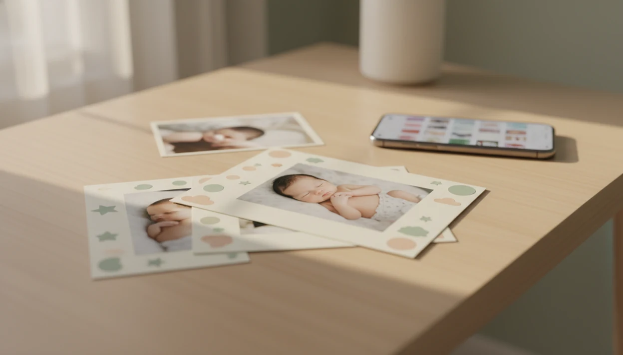 A nursery desk shows baby photo prints, a phone, and a selected image placed into a milestone template.
