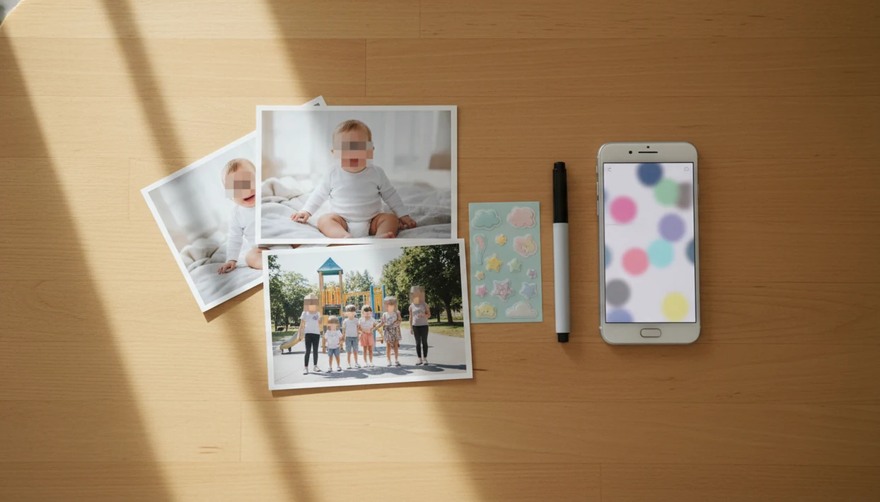 Blurred family photo prints and editing tools arranged on a kitchen table for child privacy.